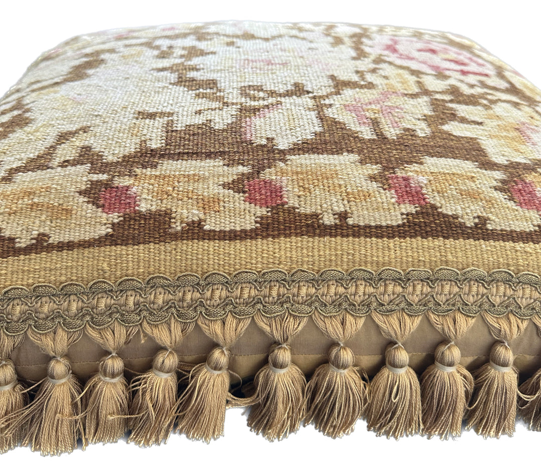Handwoven 21x22 brown and beige floral wool flatweave kilim throw pillow cover by Ariana Rugs