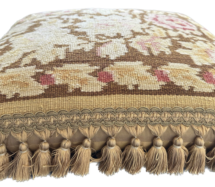 Handwoven 21x22 brown and beige floral wool flatweave kilim throw pillow cover by Ariana Rugs
