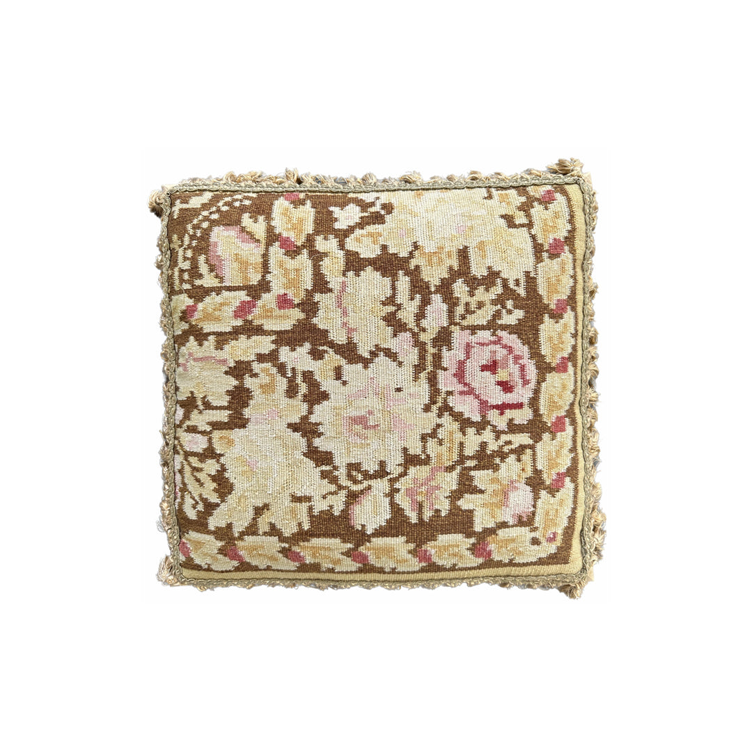 Handwoven 21x22 brown and beige floral wool flatweave kilim throw pillow cover by Ariana Rugs