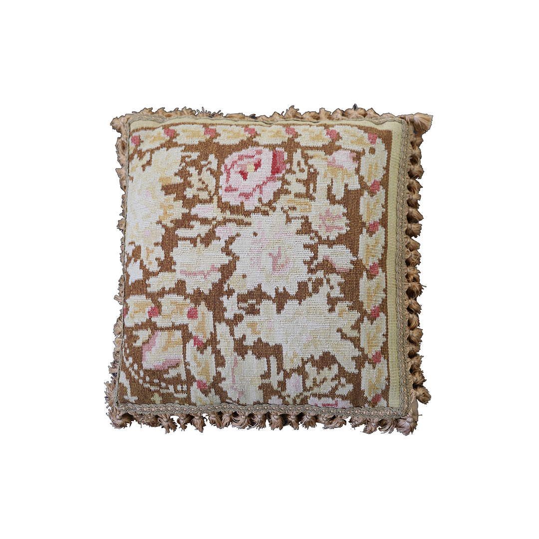 Handwoven 21x22 brown and tan floral Aubusson style wool kilim throw pillow cover by Ariana Rugs