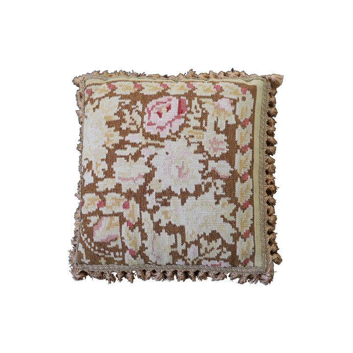 Handwoven 21x22 brown and tan floral Aubusson style wool kilim throw pillow cover by Ariana Rugs