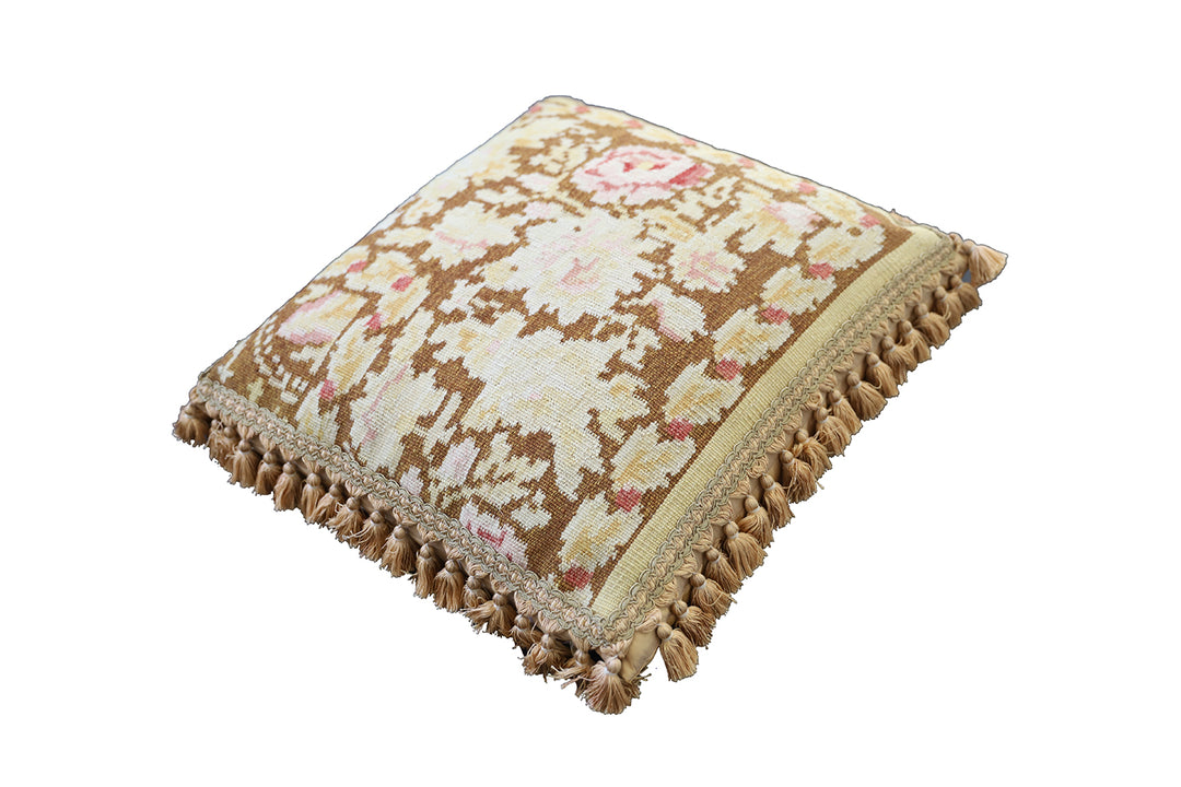 Handwoven 21x22 brown and tan floral Aubusson style wool kilim throw pillow cover by Ariana Rugs