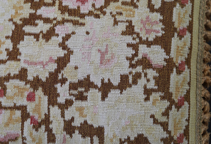 Handwoven 21x22 brown and tan floral Aubusson style wool kilim throw pillow cover by Ariana Rugs
