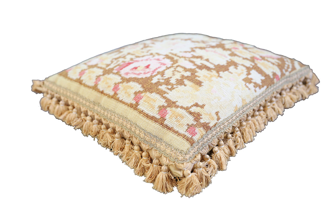 Handwoven 21x22 brown and tan floral Aubusson style wool kilim throw pillow cover by Ariana Rugs