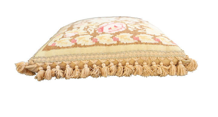 Handwoven 21x22 brown and tan floral Aubusson style wool kilim throw pillow cover by Ariana Rugs