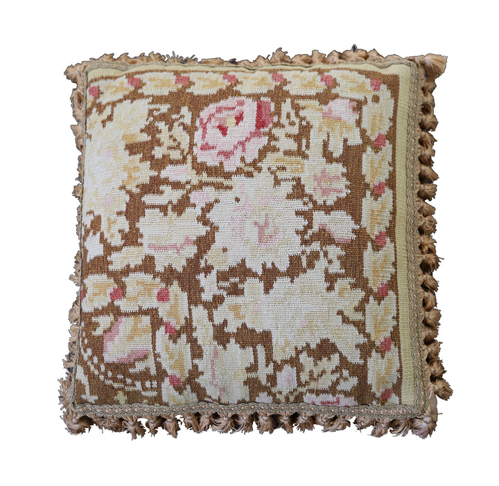 Handwoven 21x22 brown and tan floral Aubusson style wool kilim throw pillow cover by Ariana Rugs