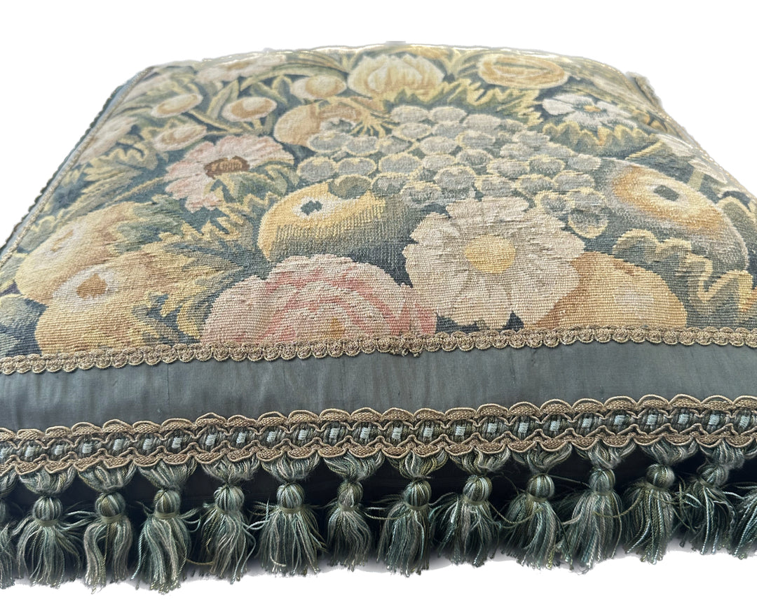 Handwoven 23x23 green and gold floral Aubusson style wool and silk throw pillow cover with border tassels by Ariana Rugs