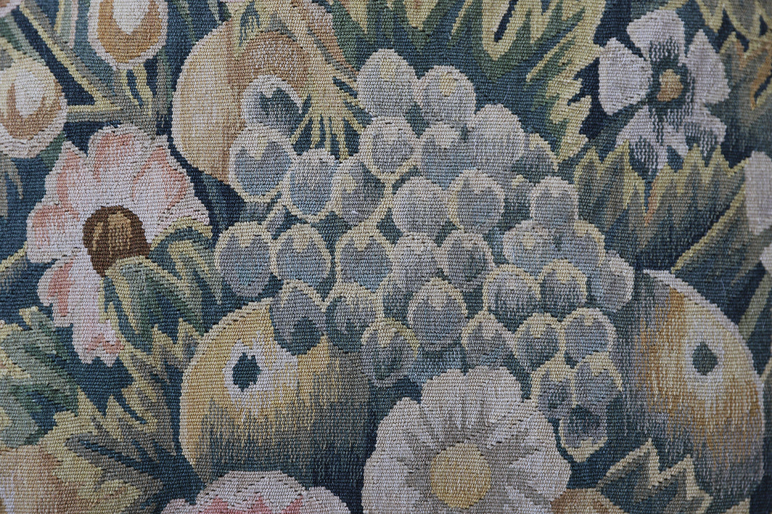 Handwoven 23x23 green and gold floral Aubusson style wool and silk throw pillow cover with border tassels by Ariana Rugs