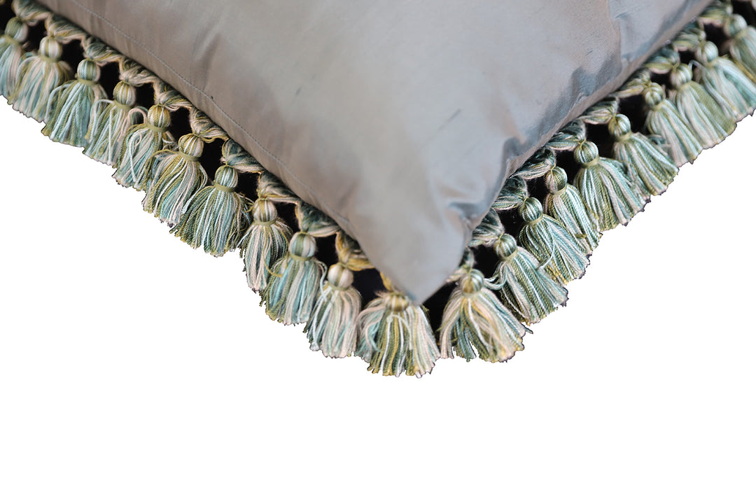 Handwoven 23x23 green and gold floral Aubusson style wool and silk throw pillow cover with border tassels by Ariana Rugs