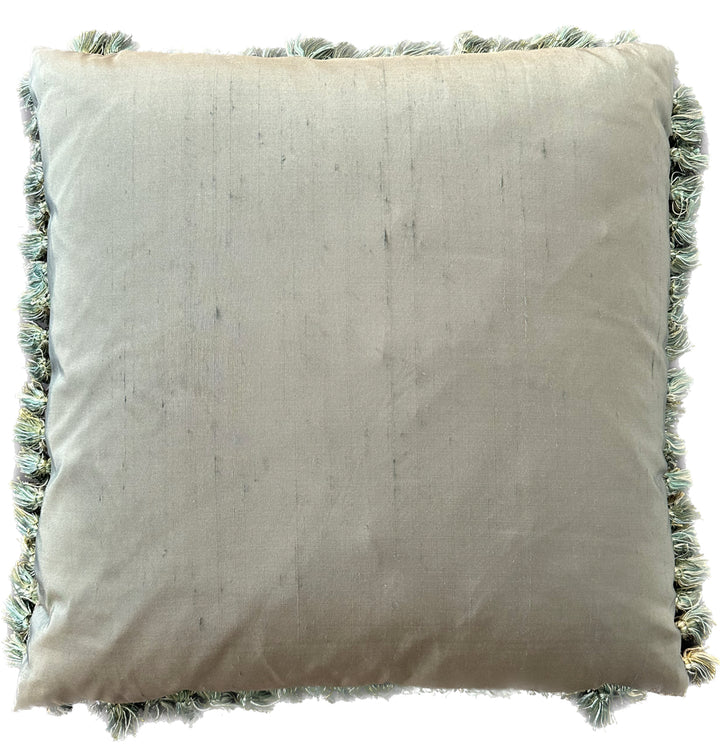 Handwoven 23x23 green and gold floral Aubusson style wool and silk throw pillow cover with border tassels by Ariana Rugs