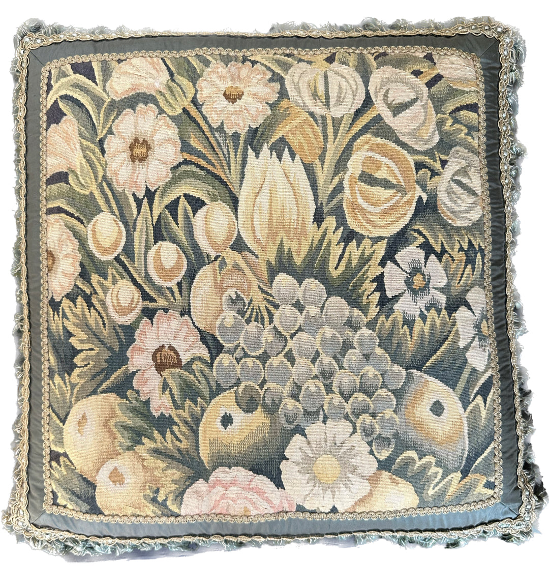 Handwoven 23x23 green and gold floral Aubusson style wool and silk throw pillow cover with border tassels by Ariana Rugs