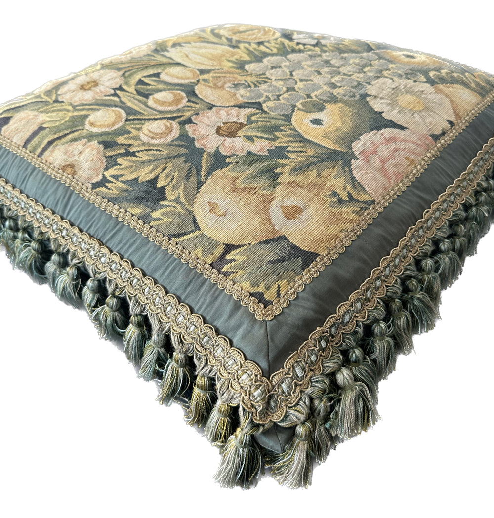 Handwoven 23x23 green and gold floral Aubusson style wool and silk throw pillow cover with border tassels by Ariana Rugs