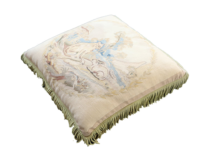 Handwoven 24x24 square Aubusson tapestry pillow cover featuring cat rabbit and mouse animal design by Ariana Rugs