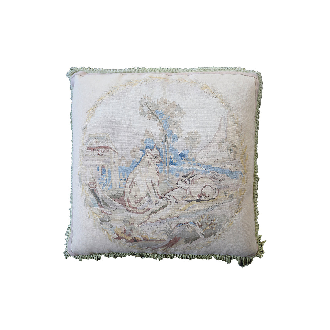 Handwoven 24x24 square Aubusson tapestry pillow cover featuring cat rabbit and mouse animal design by Ariana Rugs