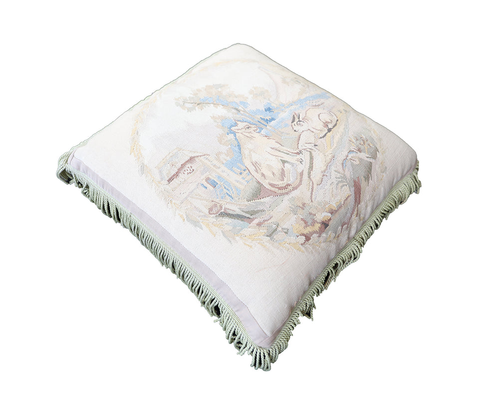 Handwoven 24x24 square Aubusson tapestry pillow cover featuring cat rabbit and mouse animal design by Ariana Rugs
