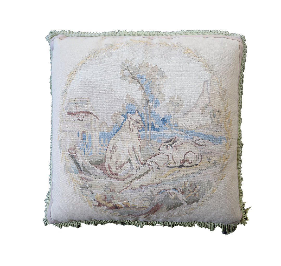 Handwoven 24x24 square Aubusson tapestry pillow cover featuring cat rabbit and mouse animal design by Ariana Rugs