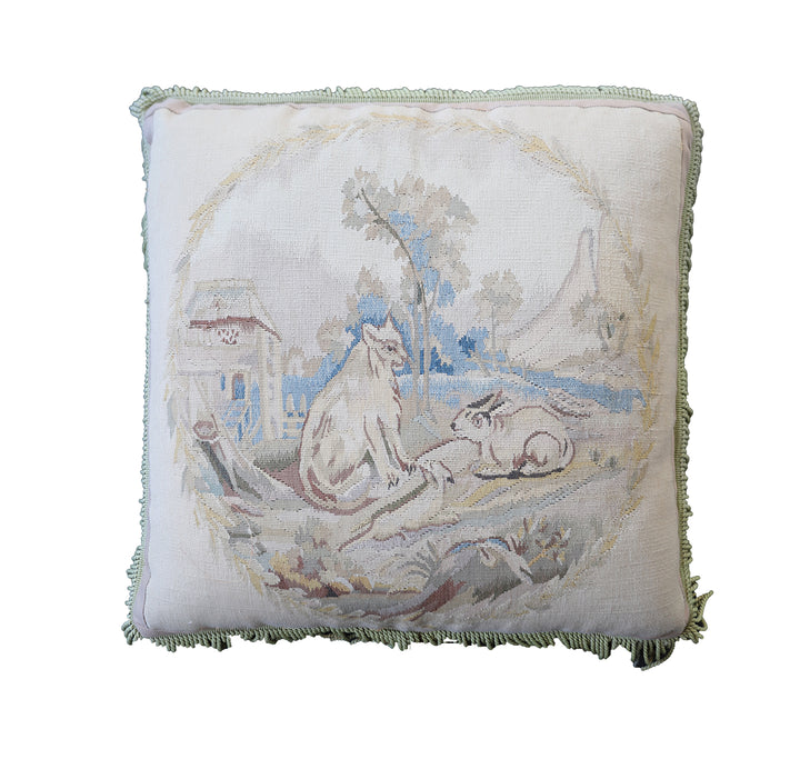 Handwoven 24x24 square Aubusson tapestry pillow cover featuring cat rabbit and mouse animal design by Ariana Rugs