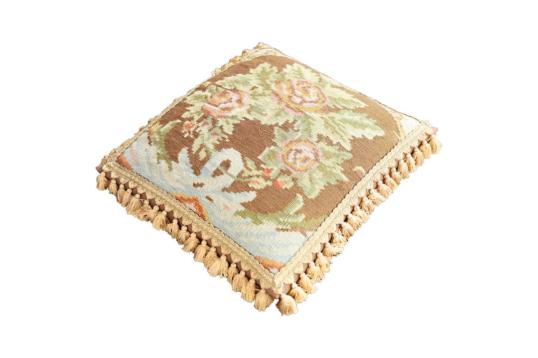 Handwoven 24x24 brown floral Aubusson style wool throw pillow cover with golden brown tassels by Ariana Rugs