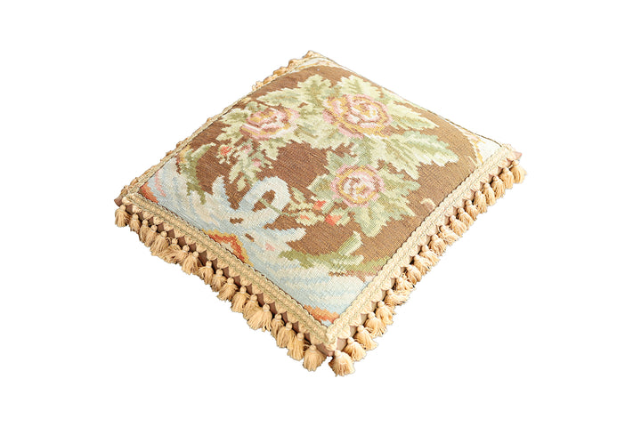 Handwoven 24x24 brown floral Aubusson style wool throw pillow cover with golden brown tassels by Ariana Rugs