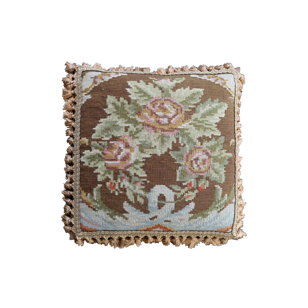 Handwoven 24x24 brown floral Aubusson style wool throw pillow cover with golden brown tassels by Ariana Rugs