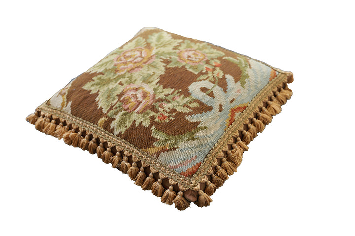 Handwoven 24x24 brown floral Aubusson style wool throw pillow cover with golden brown tassels by Ariana Rugs