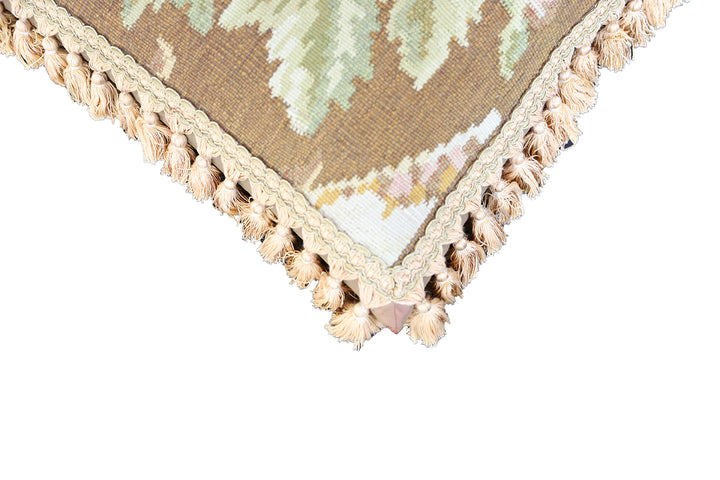 Handwoven 24x24 brown floral Aubusson style wool throw pillow cover with golden brown tassels by Ariana Rugs