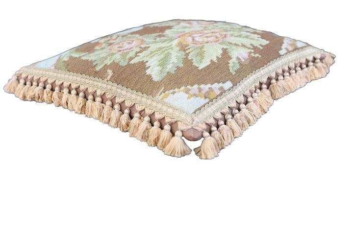 Handwoven 24x24 brown floral Aubusson style wool throw pillow cover with golden brown tassels by Ariana Rugs