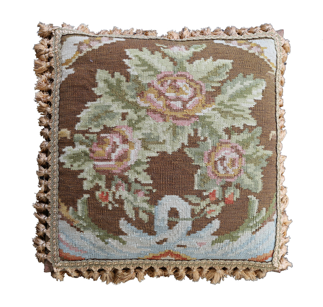Handwoven 24x24 brown floral Aubusson style wool throw pillow cover with golden brown tassels by Ariana Rugs