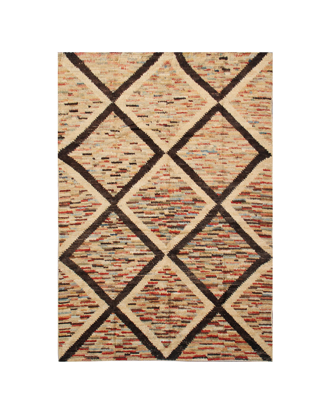 Hand-crafted 9'3" x 6'3" Moroccan Barchi wool area rug featuring a brown geometric diamond pattern over a vibrant striped background with plush long pile.