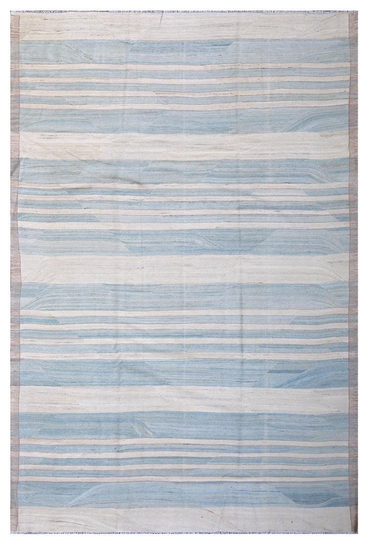 8'x10' Ariana Hand Woven Blue and White Striped Kilim
