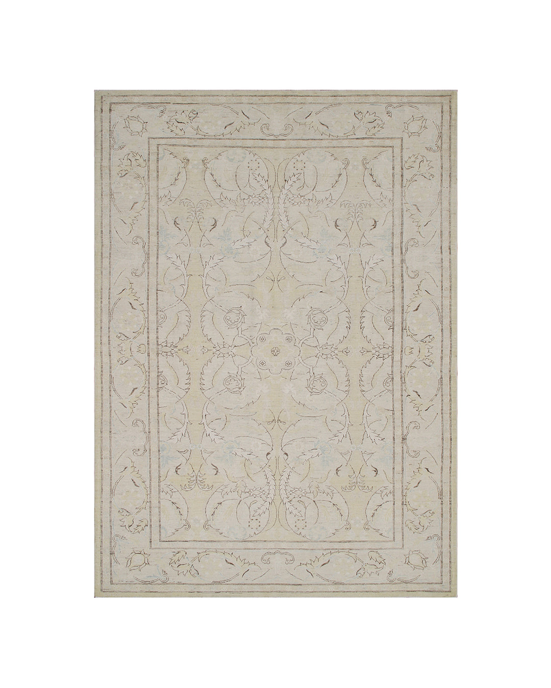 Authentic Ariana Traditional Collection 6x9 area rug featuring a fine luxury Polonaise floral design in a soft yellow, ivory, and brown color palette with woven silk highlights, hand-knotted in Afghanistan.
