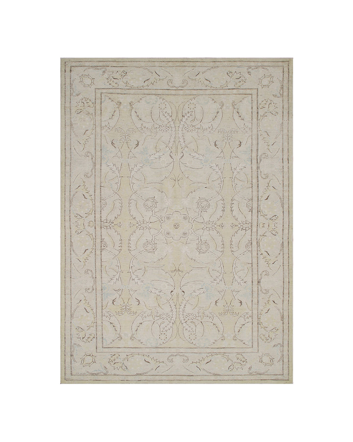 Authentic Ariana Traditional Collection 6x9 area rug featuring a fine luxury Polonaise floral design in a soft yellow, ivory, and brown color palette with woven silk highlights, hand-knotted in Afghanistan.