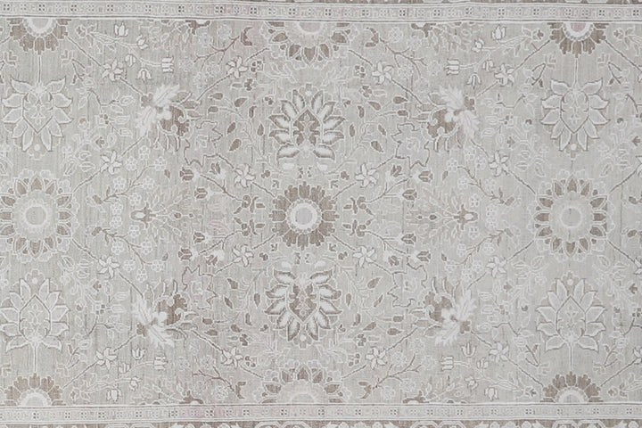 15 Foot Grey Hand-Knotted Tabriz Style Runner with Cotton Highlights