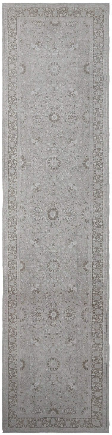 15 Foot Grey Hand-Knotted Tabriz Style Runner with Cotton Highlights