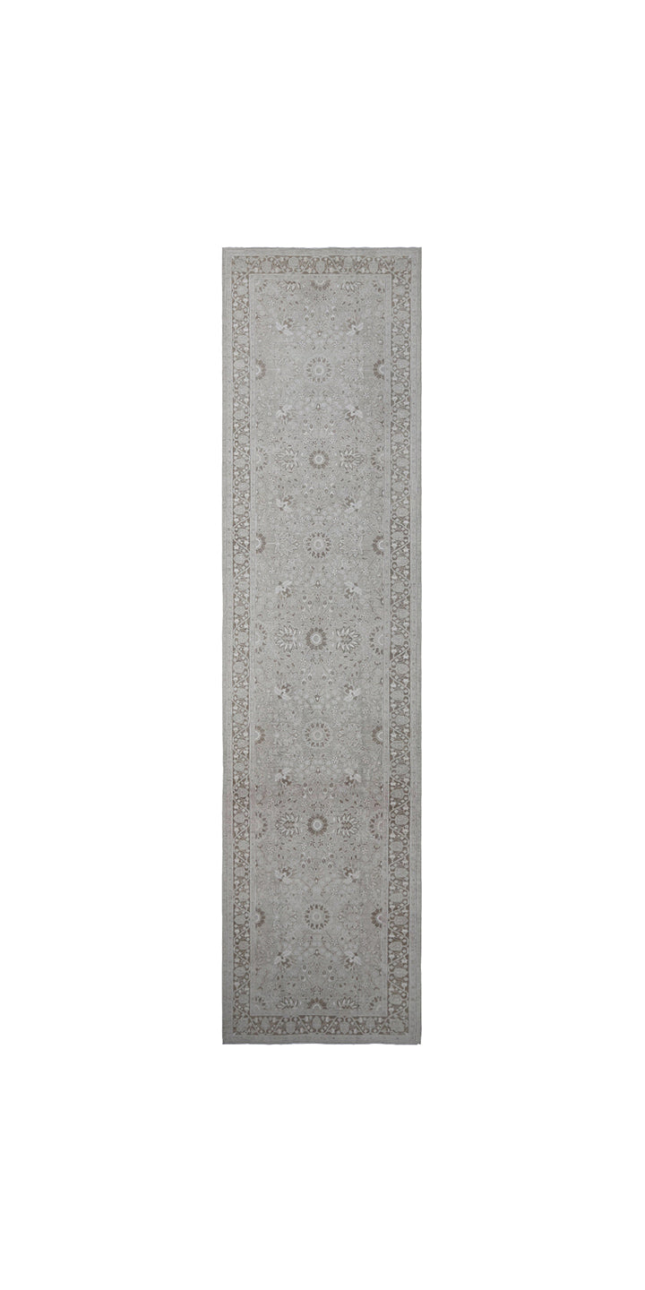 15 Foot Grey Hand-Knotted Tabriz Style Runner with Cotton Highlights