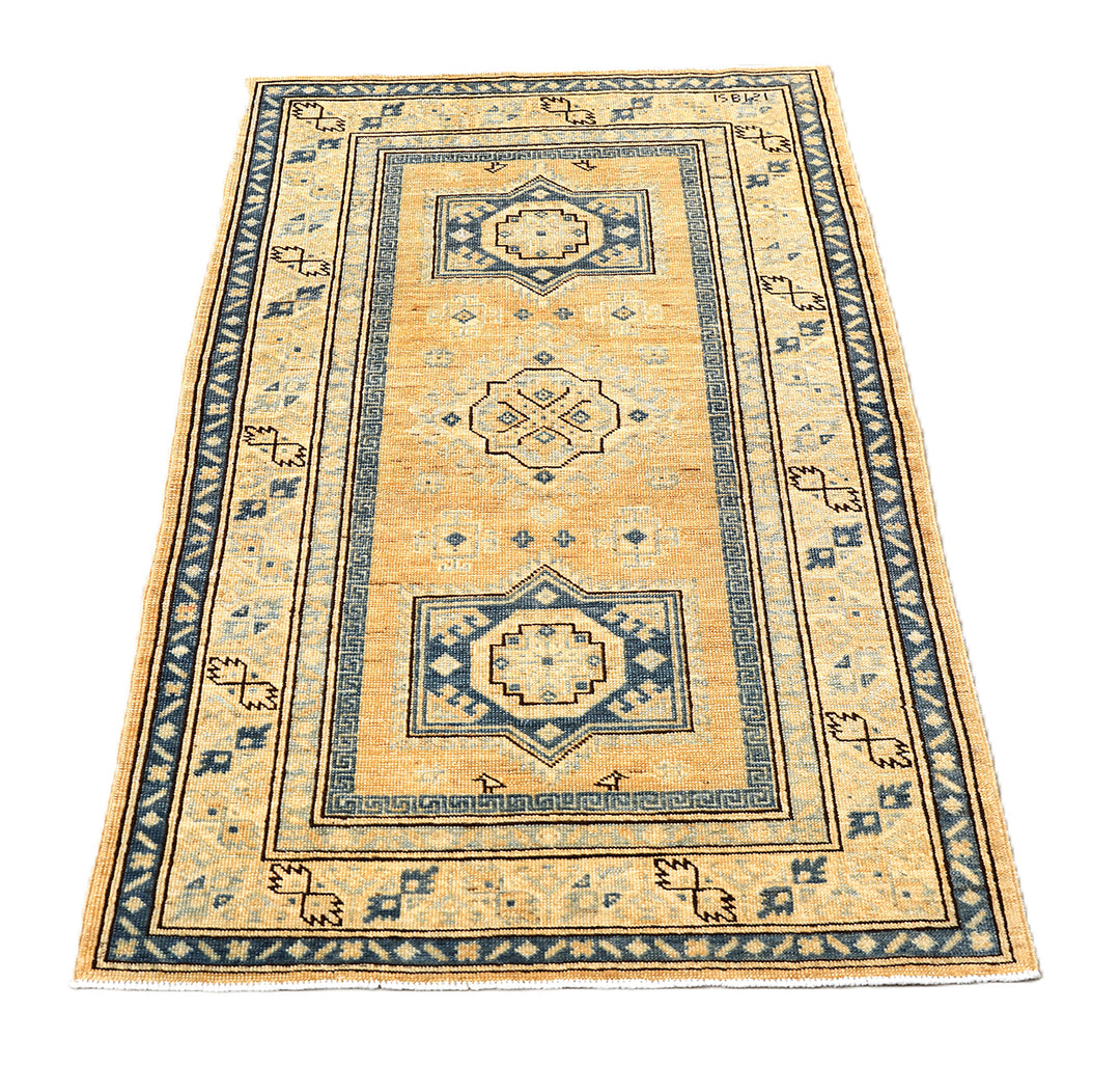 Hand-knotted 2'9"x4'2" Ariana Hazara rug featuring blue geometric medallions on an apricot background
