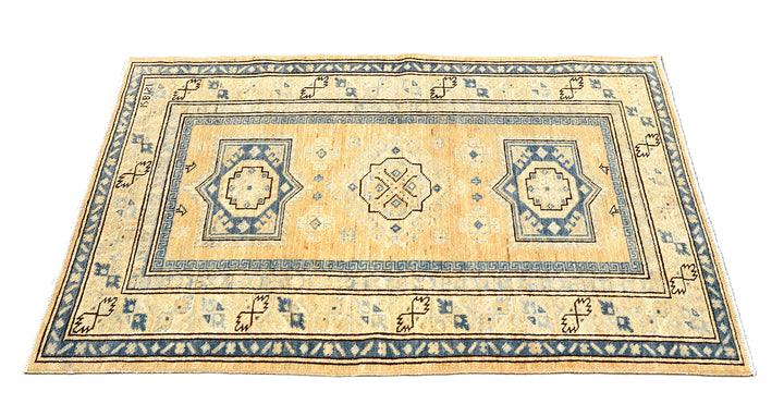 Hand-knotted 2'9"x4'2" Ariana Hazara rug featuring blue geometric medallions on an apricot background