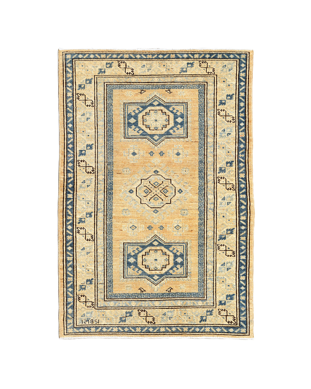 Hand-knotted 2'9"x4'2" Ariana Hazara rug featuring blue geometric medallions on an apricot background