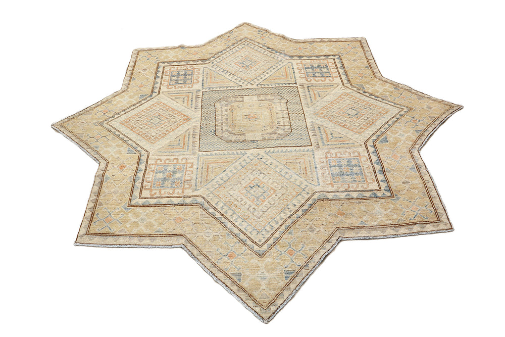 Ariana Hazara Collection 6x6 Unusual Star Shaped Geometric Thin Pile Wool Rug