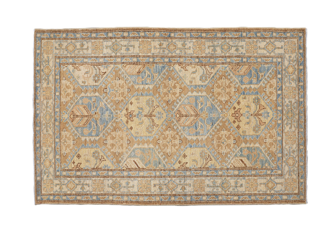 3x5 brown, camel, tan, and blue geometric Caucasian design hand-knotted wool rug from the Ariana Hazara Collection by Ariana Rugs