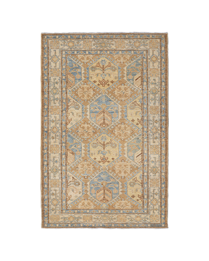 3x5 brown, camel, tan, and blue geometric Caucasian design hand-knotted wool rug from the Ariana Hazara Collection by Ariana Rugs