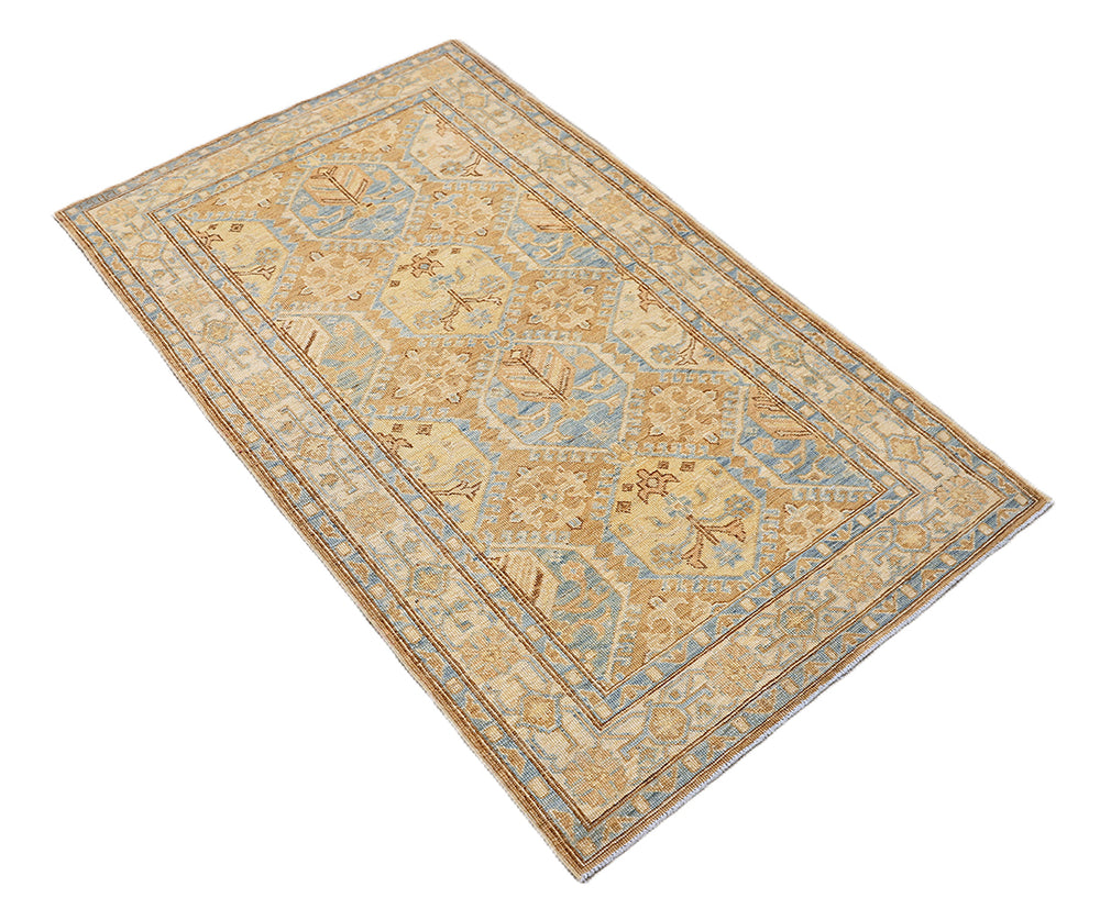 3x5 brown, camel, tan, and blue geometric Caucasian design hand-knotted wool rug from the Ariana Hazara Collection by Ariana Rugs