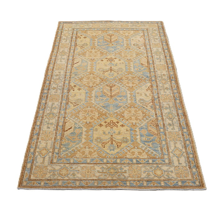 3x5 brown, camel, tan, and blue geometric Caucasian design hand-knotted wool rug from the Ariana Hazara Collection by Ariana Rugs
