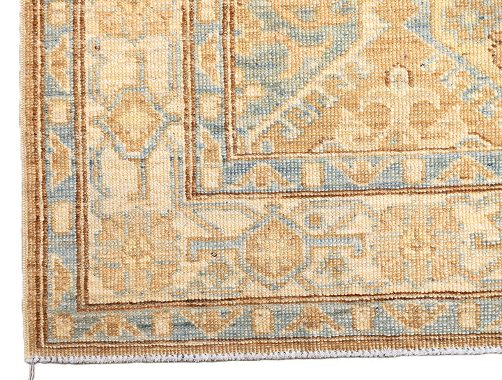 3x5 brown, camel, tan, and blue geometric Caucasian design hand-knotted wool rug from the Ariana Hazara Collection by Ariana Rugs
