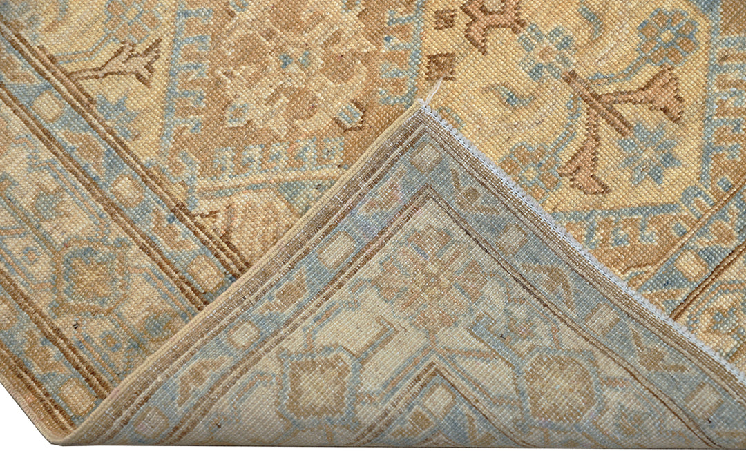 3x5 brown, camel, tan, and blue geometric Caucasian design hand-knotted wool rug from the Ariana Hazara Collection by Ariana Rugs