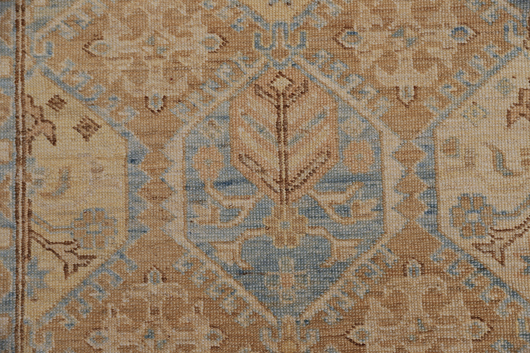 3x5 brown, camel, tan, and blue geometric Caucasian design hand-knotted wool rug from the Ariana Hazara Collection by Ariana Rugs