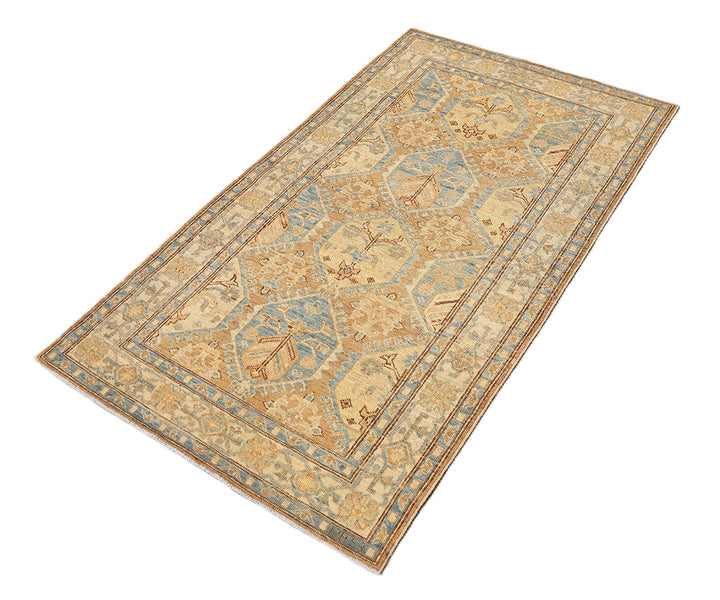 3x5 brown, camel, tan, and blue geometric Caucasian design hand-knotted wool rug from the Ariana Hazara Collection by Ariana Rugs