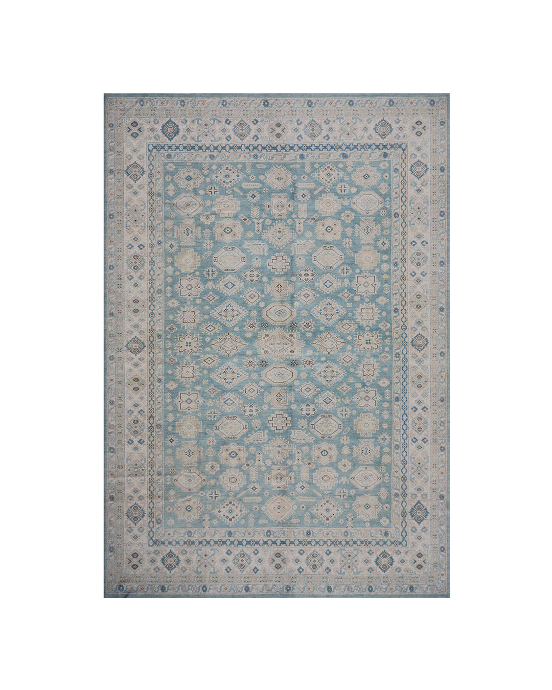 Authentic Ariana Hazara Collection 10x14 wool area rug. Features a geometric Caucasian design with a blue field, black, white, and pink accents, hand-knotted by Hazara women in Afghanistan.