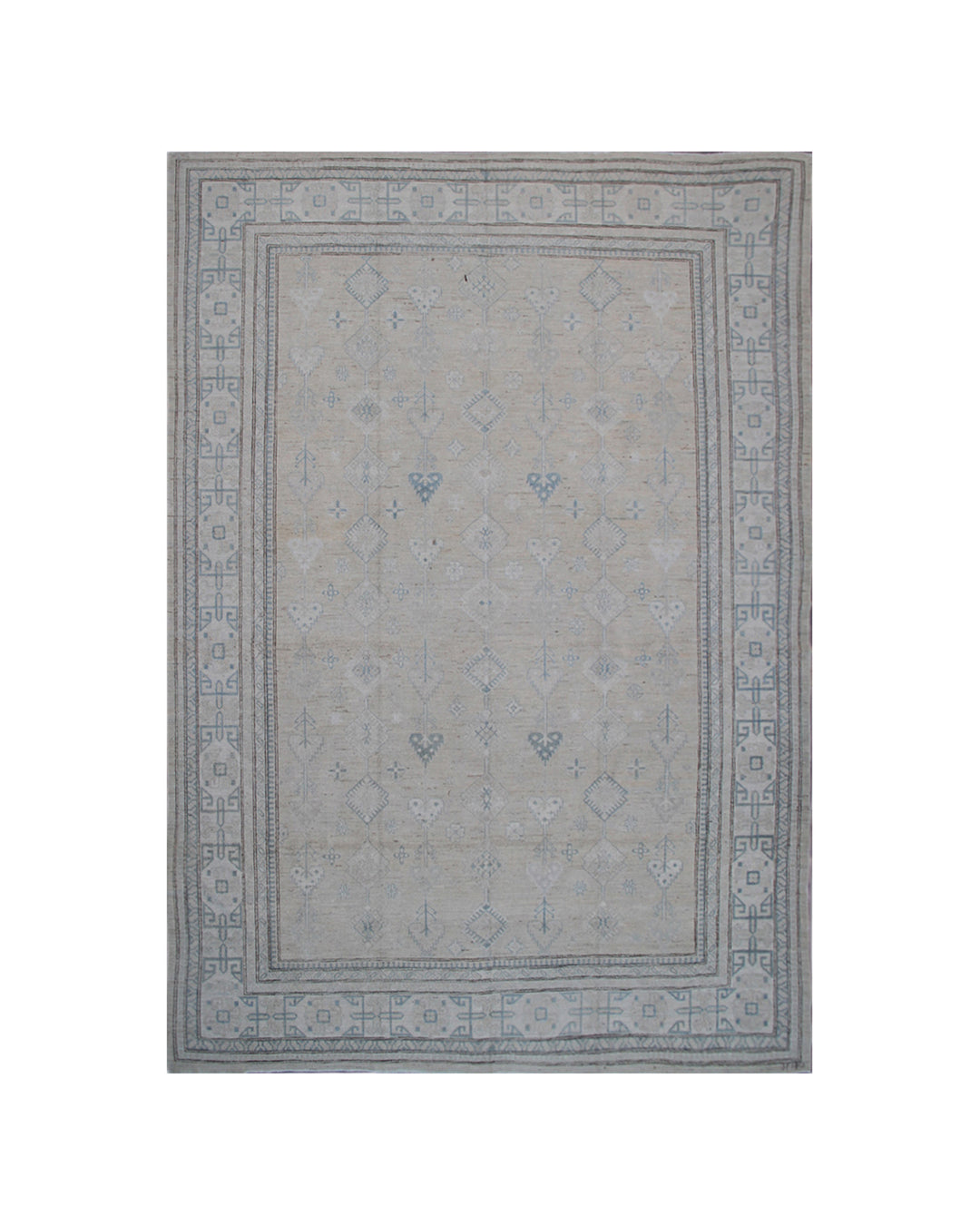 Authentic Ariana Hazara Collection 10x13 hand-knotted wool rug featuring geometric Caucasian tribal design in tan, blue, black, and white colors.