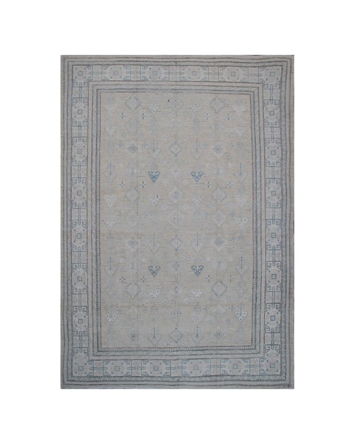 Authentic Ariana Hazara Collection 10x13 hand-knotted wool rug featuring geometric Caucasian tribal design in tan, blue, black, and white colors.